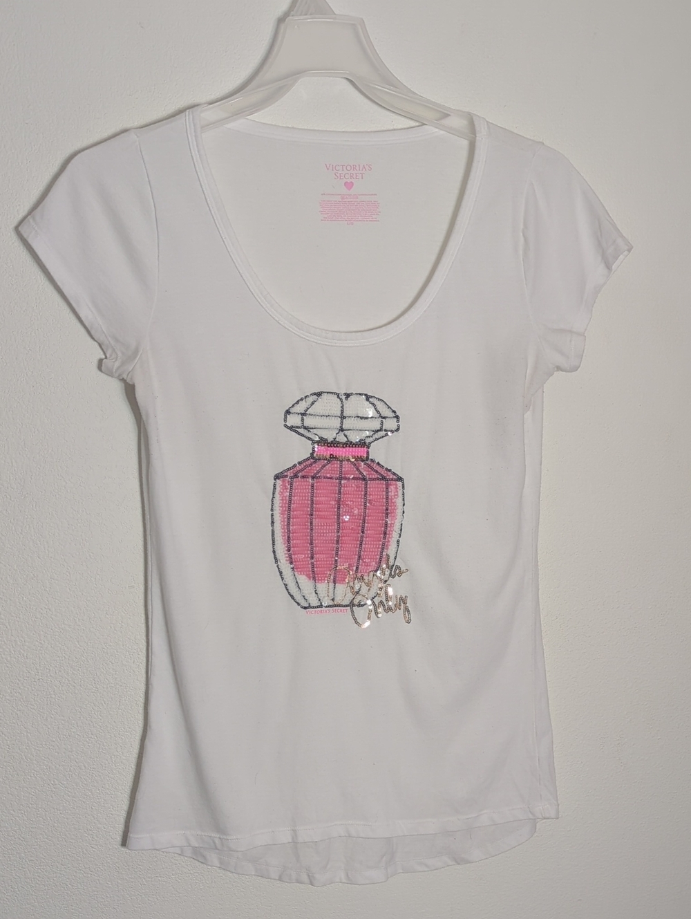 Victoria's Secret Womens Tee Shirt Sequin Perfume Bottle Angels Only Pink Large